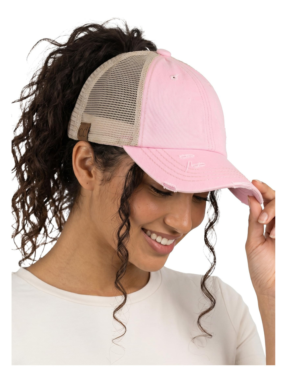 Criss Cross Ponytail Cap, Messy Bun Distressed Baseball | Tan, Pink | Size OS